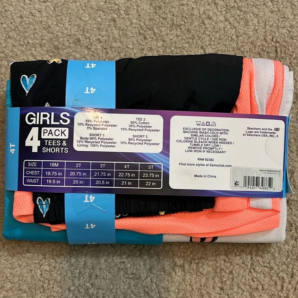 NWT 4-Pc Skechers Heart Print Tee and Shorts Set - White, Pink, Blue, Black